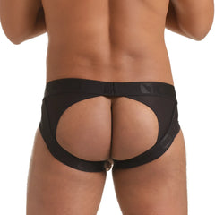 Black form-fitting gigo combat brown brief jockstrap with cut-out design sleek elastic waistband and subtle branding