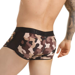 Brown and beige camouflage pattern gigo combat brown trunk briefs with black elastic waistband