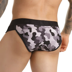 Gigo combat gray briefs in black and gray camouflage pattern with black elastic waistband for comfortable wear