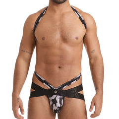 Black and white camouflage menâ€™s briefs with halter-style design in gigo combat gray jockstrap harness