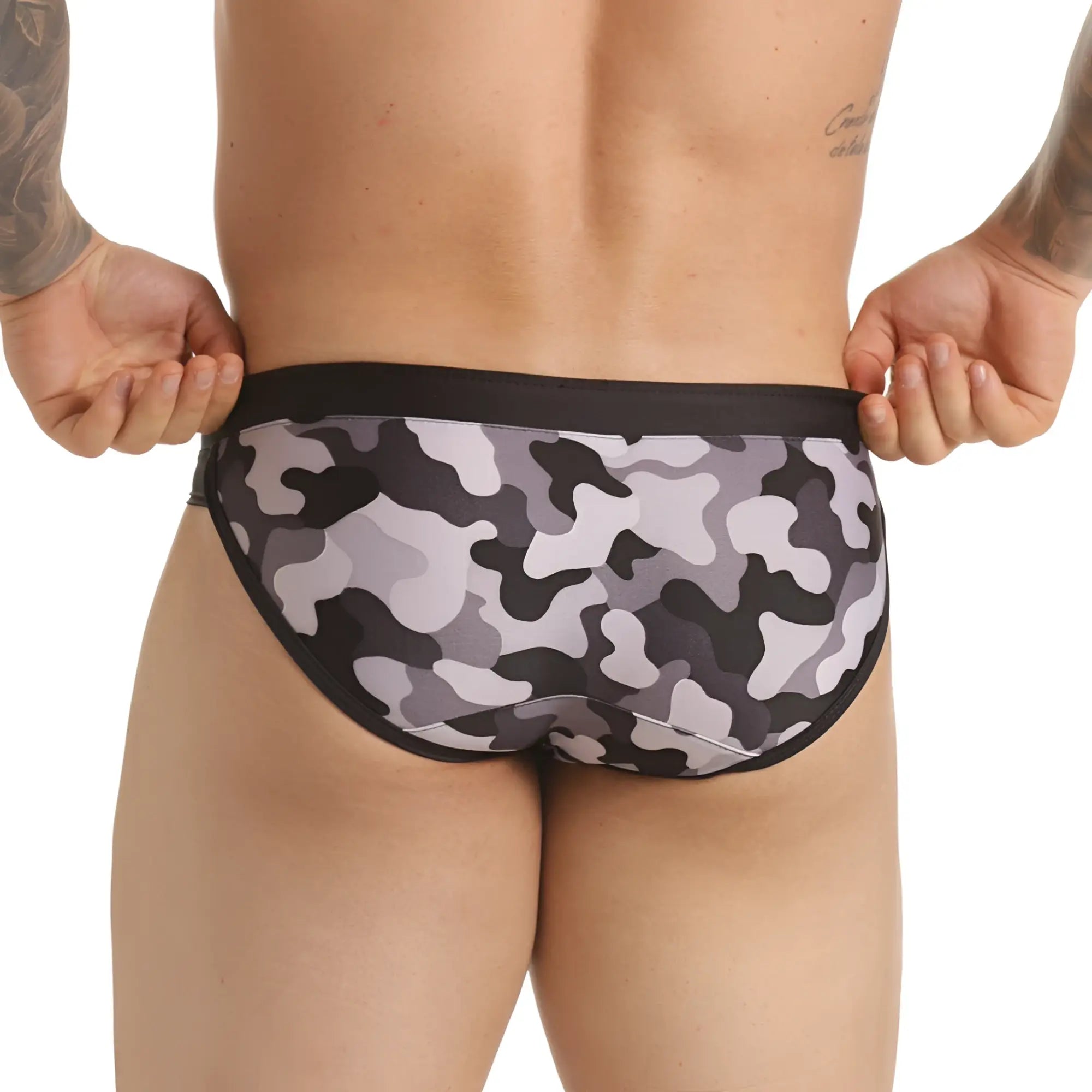 Gigo combat gray swim brief in black and gray camouflage pattern with solid black waistband for swimming