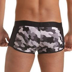 Gigo Combat Gray trunk menâ€™s briefs with black and gray camouflage pattern and solid black waistband