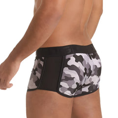 Black and gray camouflage patterned menâ€™s briefs with solid black waistband gigo combat gray trunk
