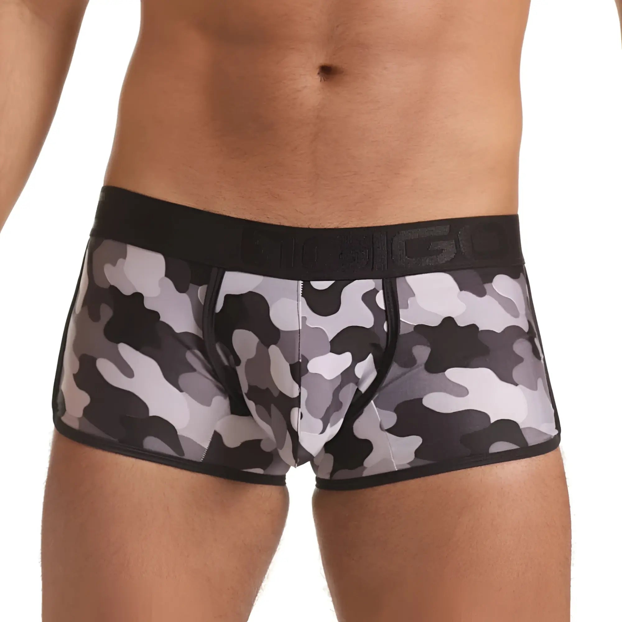 Menâ€™s gigo combat gray trunk briefs in black and gray camouflage with black elastic waistband featuring bigg logo