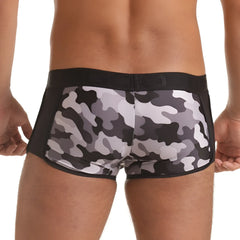 Gigo Combat Gray trunk menâ€™s briefs with black and gray camouflage pattern and solid black waistband