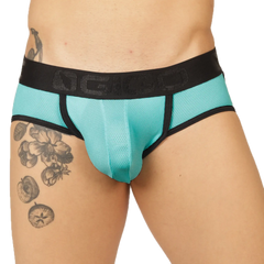 Turquoise mesh briefs with black elastic waistband featuring ngio logo from gigo cool blue jock thong collection