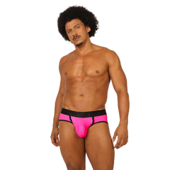 Vibrant pink gigo cool fuchsia jock thong athletic briefs with black waistband and trim for sporty use