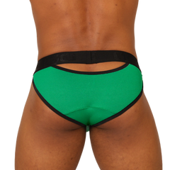 Back view of gigo cool green brief athletic briefs in green and black textured fabric with cutout design