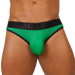 Vibrant green mesh briefs with black trim and a branded waistband gigo cool green brief