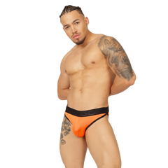 Bright orange athletic briefs with a black waistband featuring the gc logo from gigo cool orange brief collection