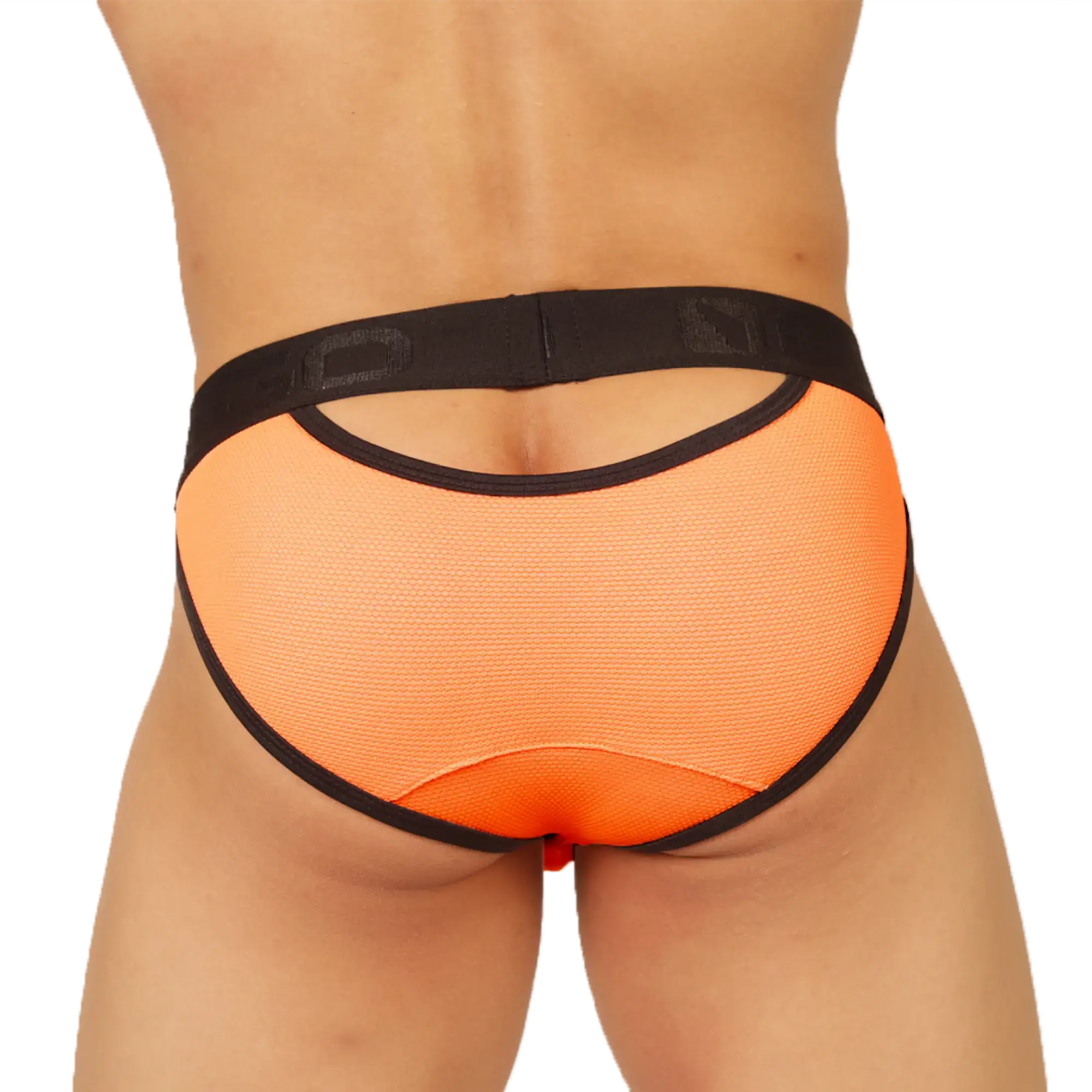 Orange mesh briefs with black elastic trim and a back cutout shown from the back for gigo cool orange brief