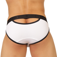 White briefs with black trim and textured fabric featuring an open back design shown from the back side