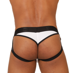 Gigo cool white jock thong in black and white athletic briefs with sleek contoured design shown from the back