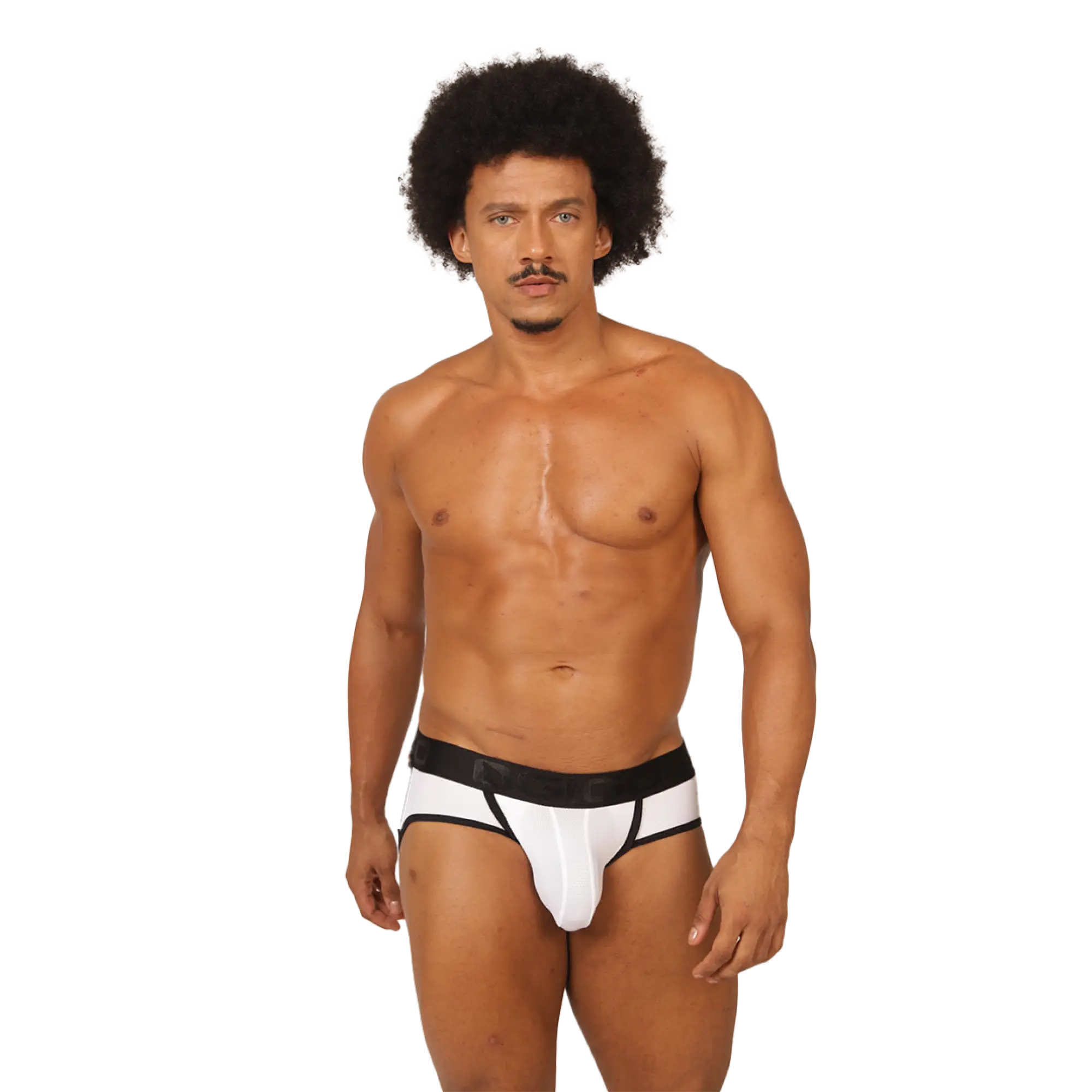 Gigo cool white jock thong in white and black athletic briefs with supportive contoured design front view