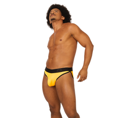 Bright yellow Gigo Cool athletic briefs with black waistband and trim designed for active wear