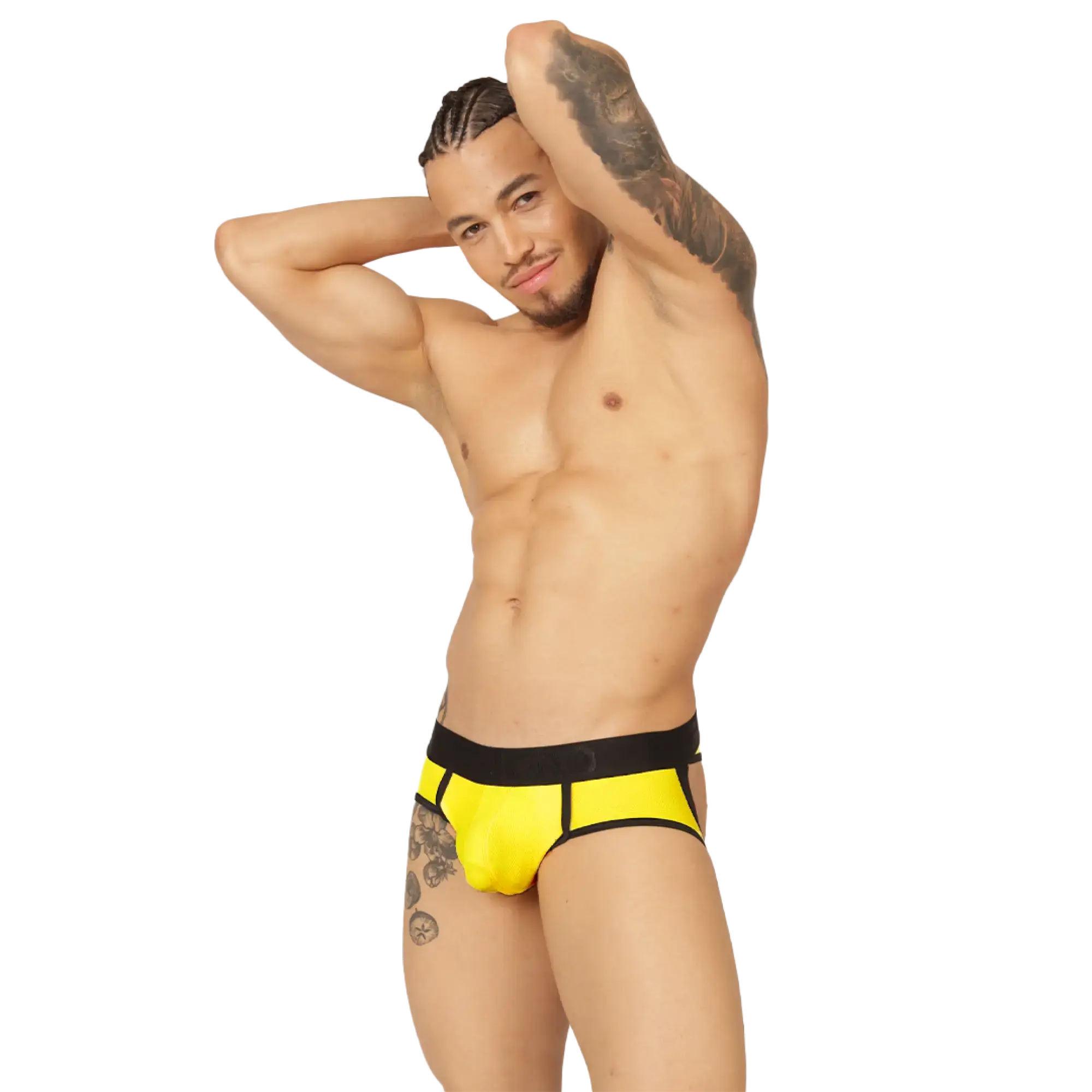 Bright yellow gigo cool jock thong briefs with black waistband and trim designed for comfortable support