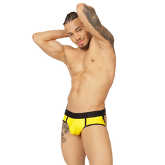 Bright yellow gigo cool jock thong briefs with black waistband and trim designed for comfortable support