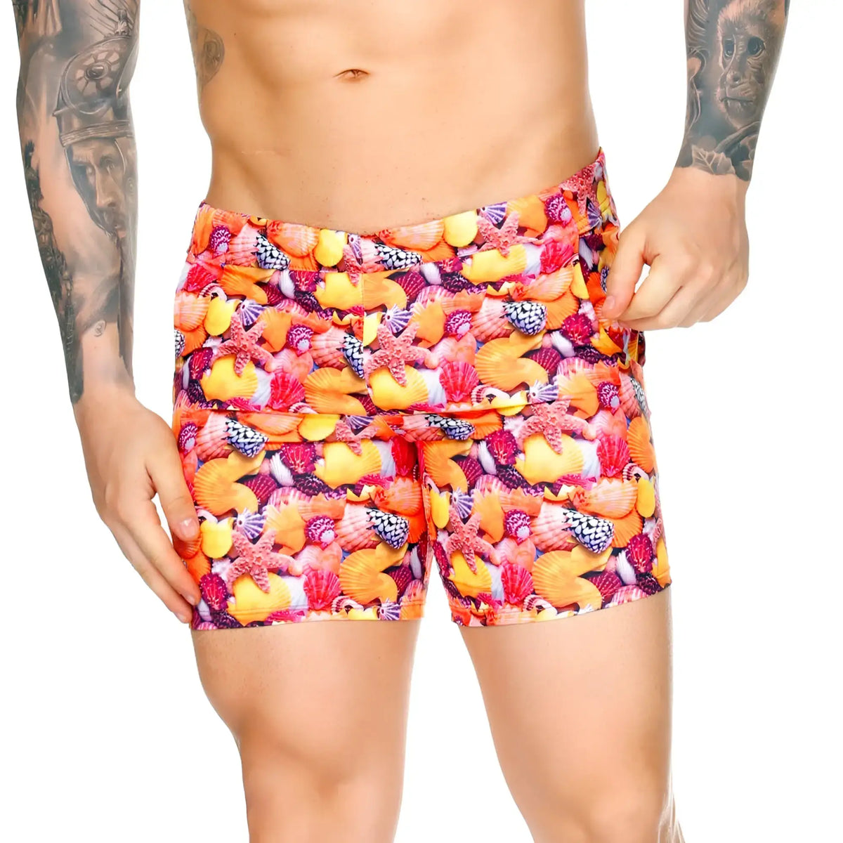 Gigo corals beachwear vibrant orange and pink swim trunks with seashell starfish and colorful sea creature pattern
