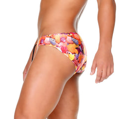 Gigo corals swim brief vibrant multicolored swim trunks with lively seashell pattern in orange pink yellow and purple