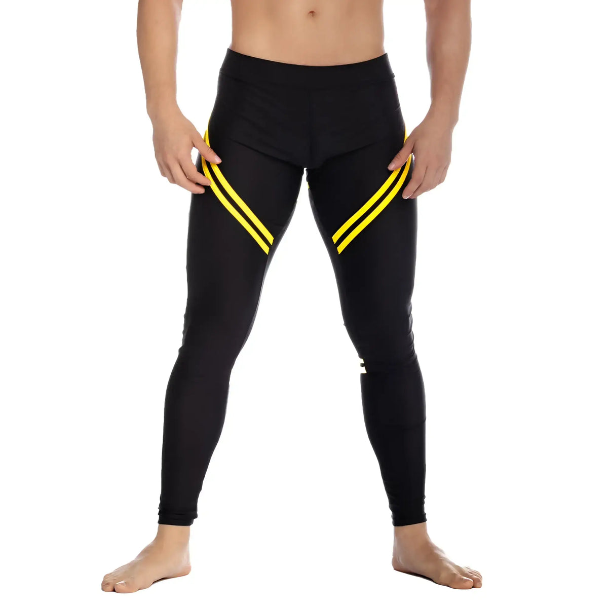 Black gigo core leggings with bold yellow diagonal stripes on outer thighs for athletic performance