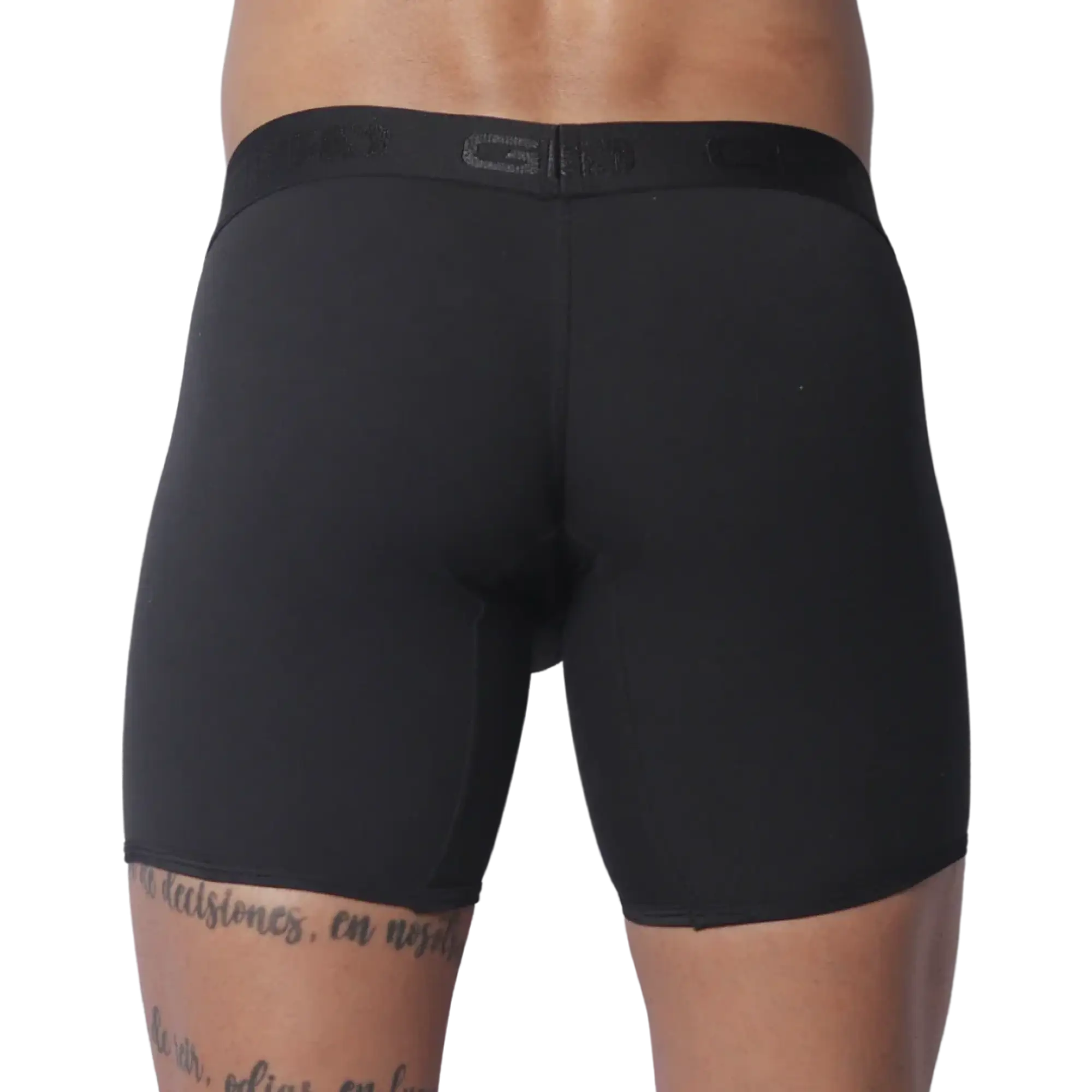 Solid black fitted boxer trunks with a wide, tonal branded elastic waistband.