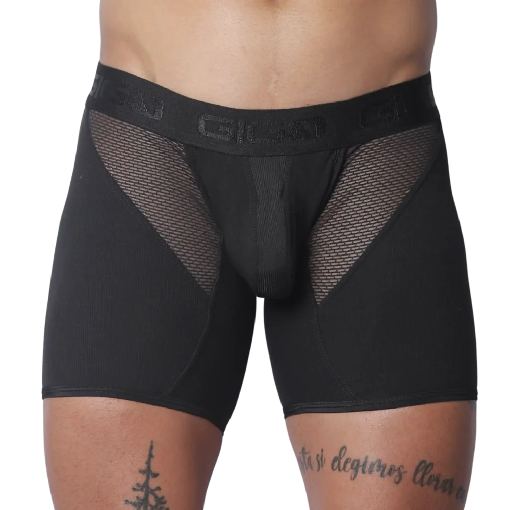 Black men's trunk with mesh panels, ribbed fabric, and a branded elastic waistband.