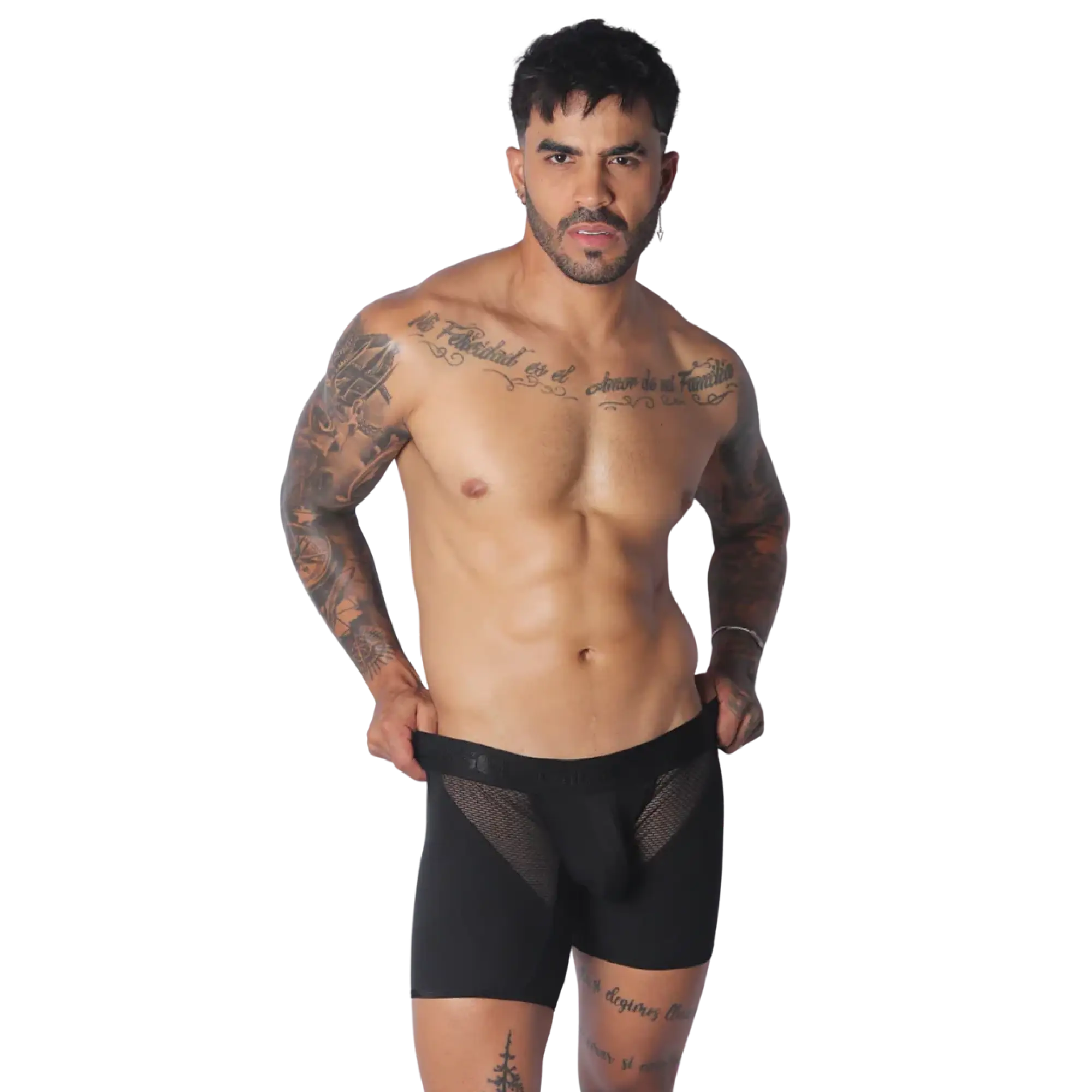 Black trunk underwear featuring a solid fabric body with sheer mesh side panels and a wide elastic waistband.