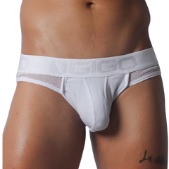 White ribbed jockstrap with breathable mesh side panels and a wide elastic waistband featuring the Gigo logo.