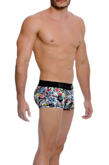 Gigo crazy short boxer underwear size M with black waistband and vibrant multicolored graffiti print