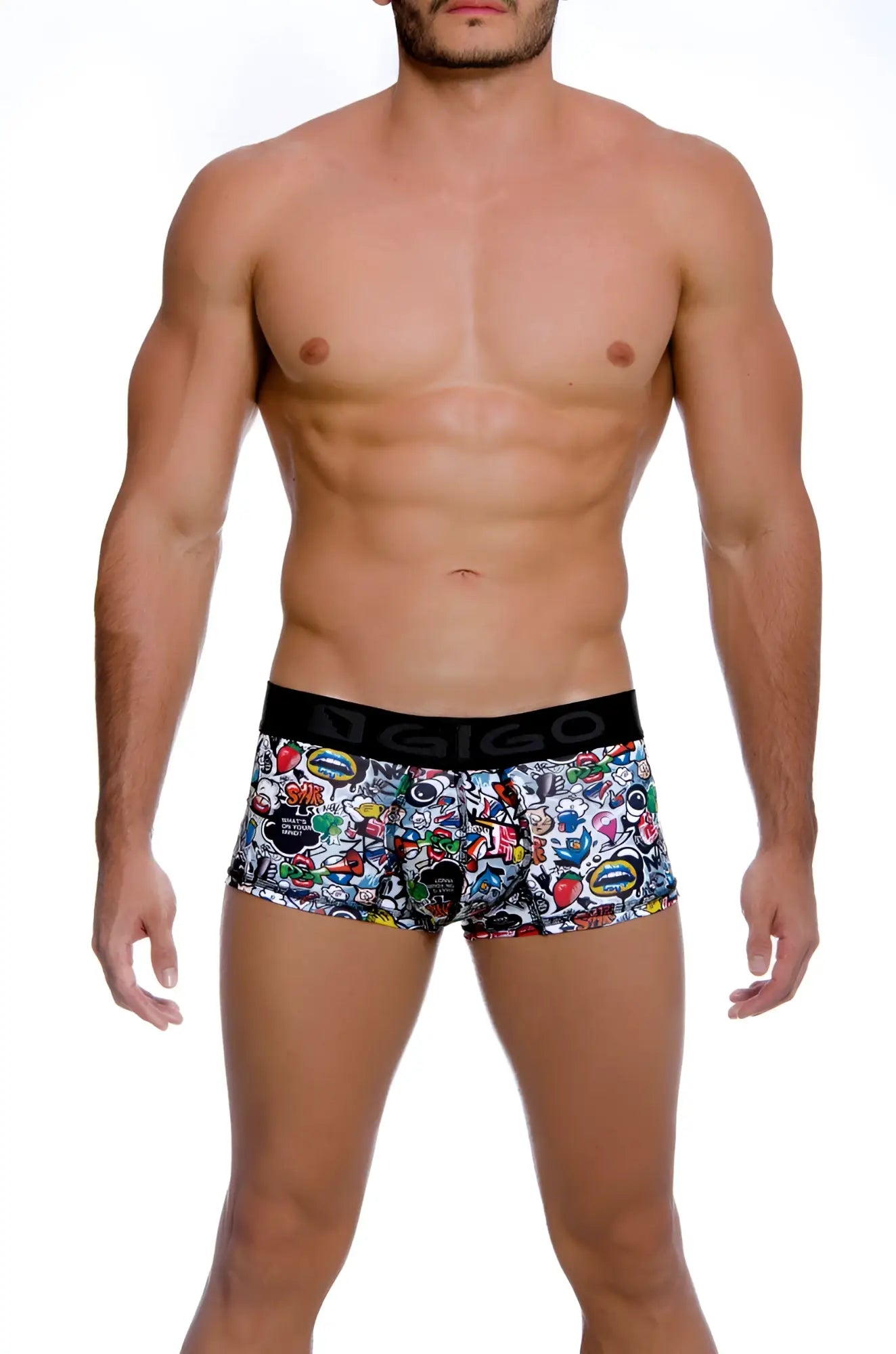 Men’s gigo crazy short boxer underwear size m with colorful graffiti print on white fabric and black branded waistband