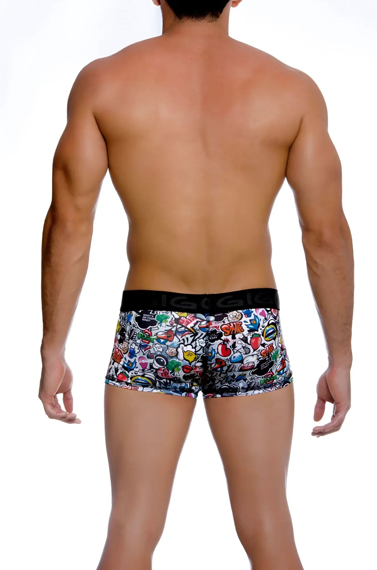 Gigo crazy short boxer underwear size M vibrant multicolored graffiti patterned briefs with black elastic waistband