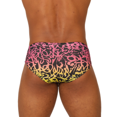 Vibrant black pink and yellow graffiti-patterned Gigo Crazy swimbrief swim trunks for bold poolside style