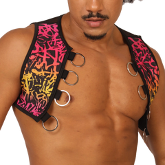 Vibrant graffiti-patterned black neoprene gigo crazy vest harness with metallic silver rings and adjustable straps