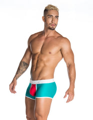Teal and red Gigo CUSTOK BLUE short boxer briefs with white trim in size L designed for athletic use