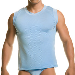 Light blue mesh sleeveless top with rounded neckline from Gigo Diversity blue tank collection