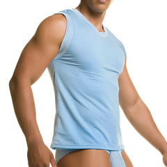 Light blue mesh sleeveless athletic top with v-neckline designed for active wear by Gigo Diversity