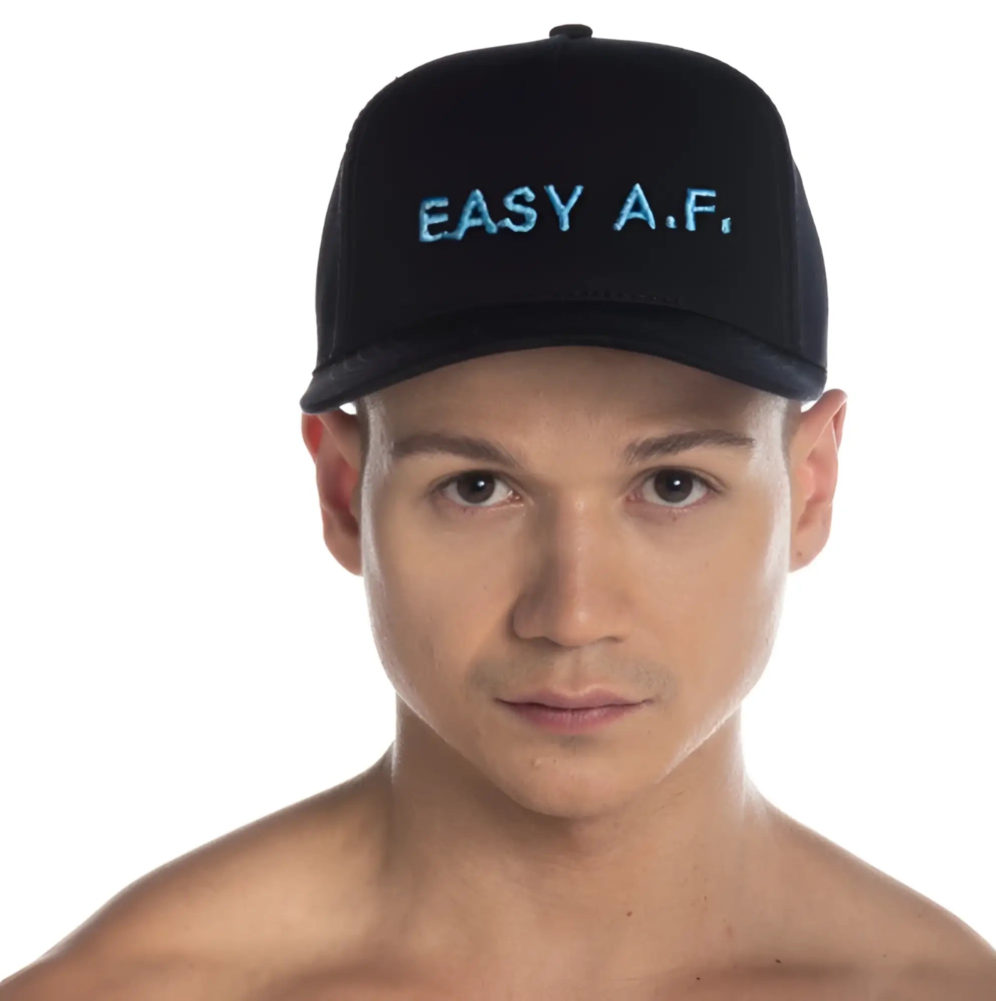 Black snapback cap with embroidered easy a.f. in light blue thread from gigo easy a.f. black caps collection