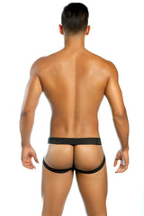 Black sleek form-fitting gigo easy black buttoned mesh jock strap underwear with bold big logo on waistband size l
