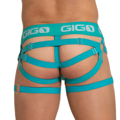 Teal Gigo brand harness with multiple adjustable straps and metallic buckles for secure fit