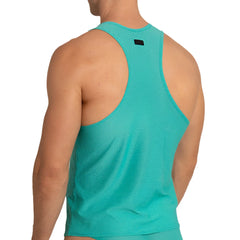 Turquoise mesh racerback tank top with small black gigo brand tag at neckline for energetic green style