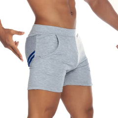 Gigo Energy gray heathered athletic shorts with white side panel and blue diagonal stripes on left leg