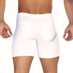 White athletic shorts gigo energy with high-waisted design and subtle gray diagonal stripes on back pockets back view