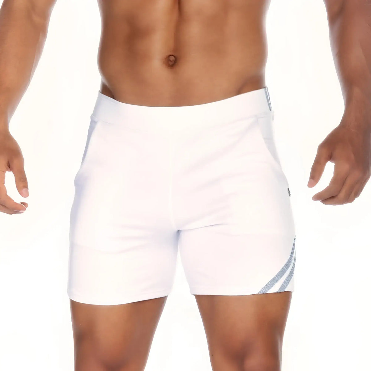 Gigo Energy white athletic shorts with gray diagonal stripes on the side designed for active wear