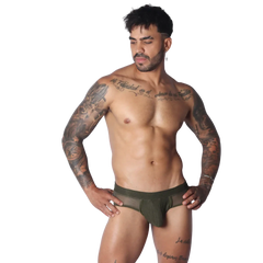 Olive green low-rise briefs featuring a textured mesh pouch and sheer side panels with a wide elastic waistband.