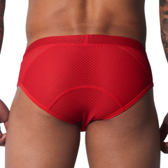 Bright red athletic-style brief with a breathable mesh back panel and solid fabric waistband and side details.