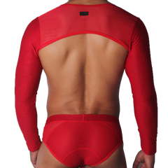 Red long-sleeve mesh harness with a cropped back, featuring a textured geometric pattern and a small black label.