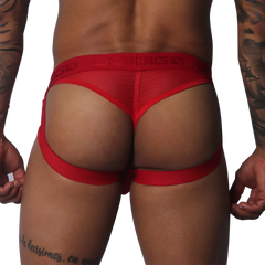 Red mesh jock strap with a wide branded elastic waistband and supportive leg straps.