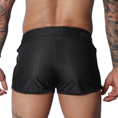 Black athletic short shorts in breathable mesh fabric with a solid waistband and slim, rounded hem.