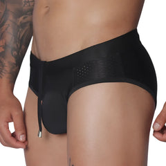 Black swim brief with side mesh panels, a drawstring waist, and metallic tips.