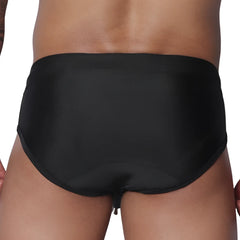 Solid black swim brief in a minimalist, sleek style with a wide waistband and smooth, fitted fabric.